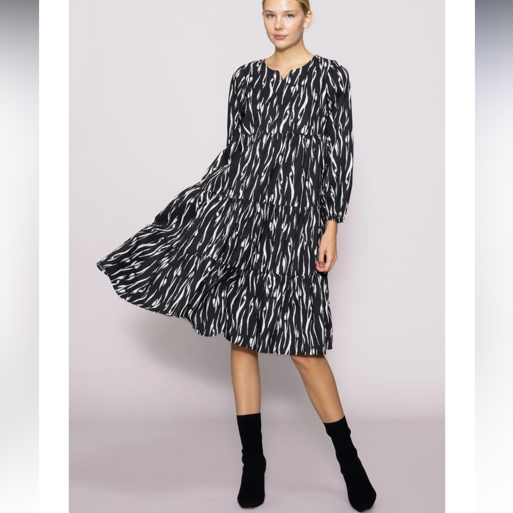 Melloday Poplin Tiered Long Sleeve Midi Dress
